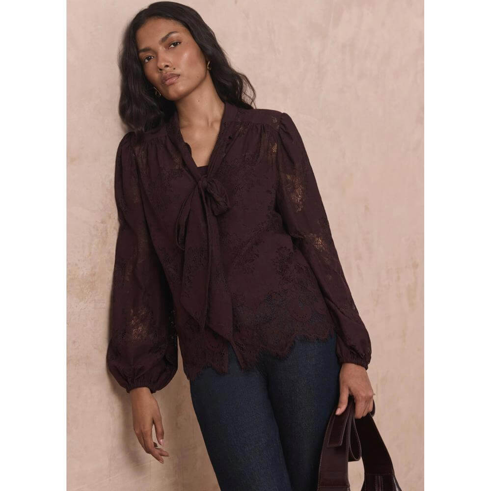 Mint Velvet Burgundy Lace Pussybow Blouse